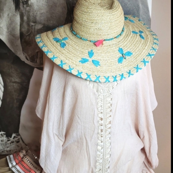 San Diego Hat company beaded paper hat wide brim wooden parrots